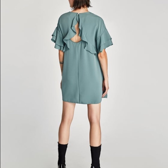 NWOT Zara Teal Crepe Frilled Sleeve Mini Dress - Picture 6 of 8
